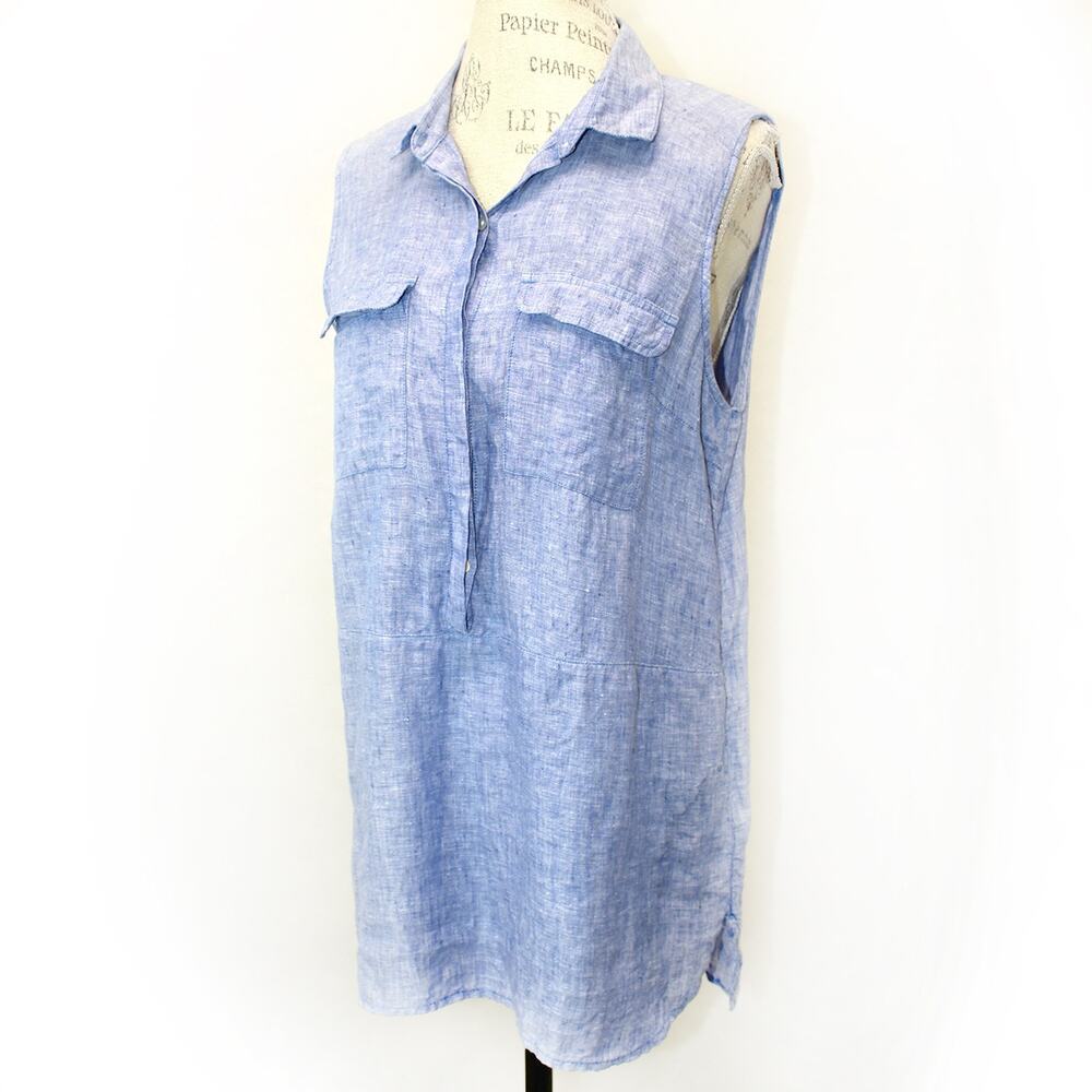 Jones & Co 100% linen chambray sleeveless collared tunic blouse shirt top M